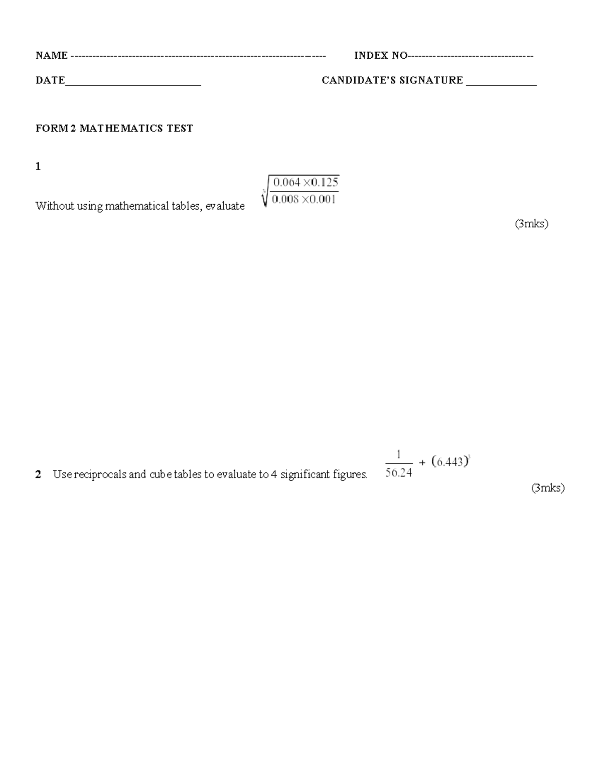 MATH TEST F2 - math test - NAME - INDEX NO- DATE ...