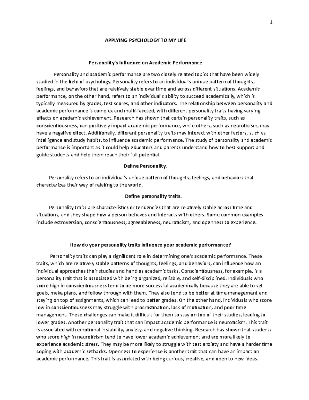 Applying psychology to my life - 1 APPLYING PSYCHOLOGY TO MY LIFE ...