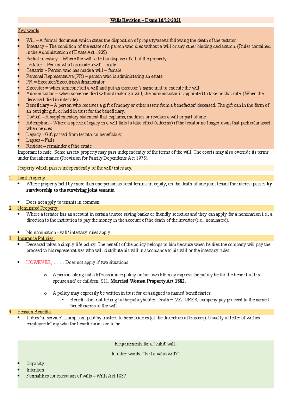 Overarching Wills Revision Notes - Studocu