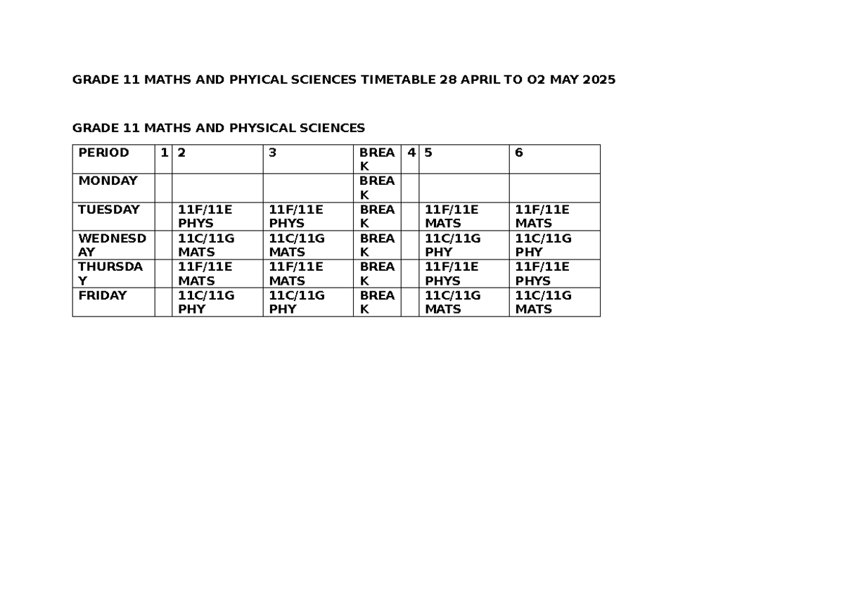 Mathematics documents - GRADE 11 MATHS AND PHYICAL SCIENCES TIMETABLE ...