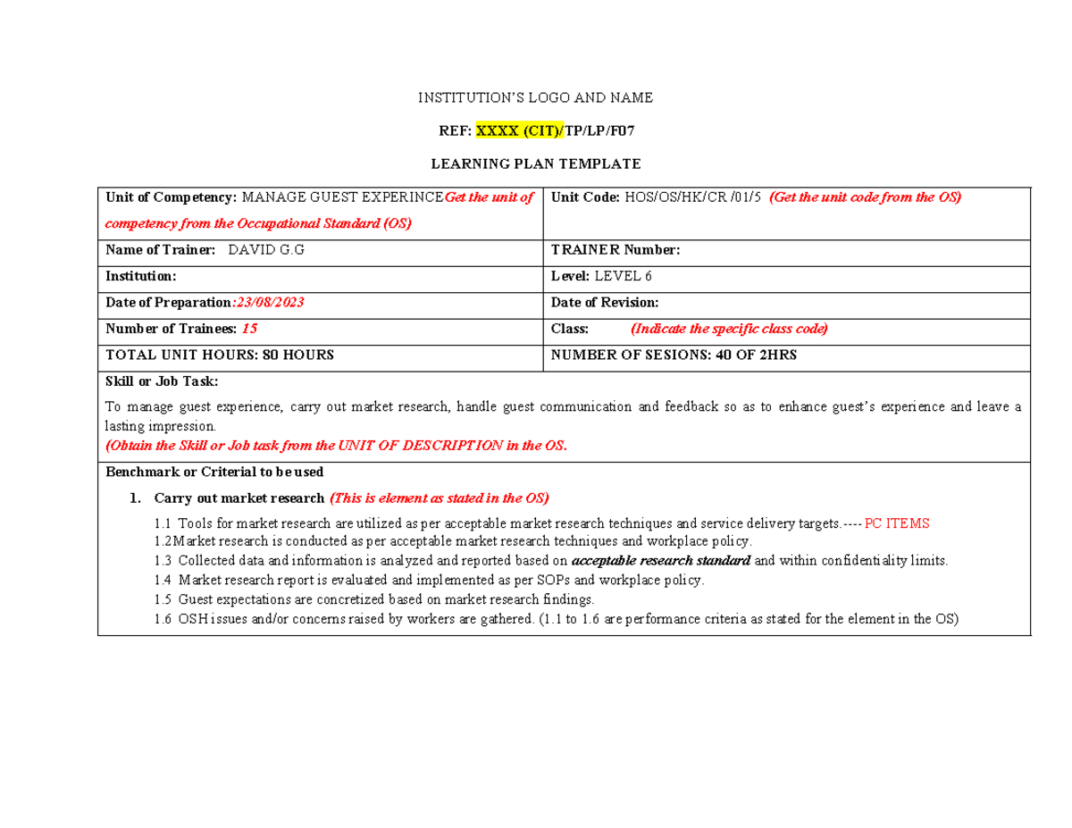 Learning Plan Sample tempalate - INSTITUTION’S LOGO AND NAME REF: XXXX ...