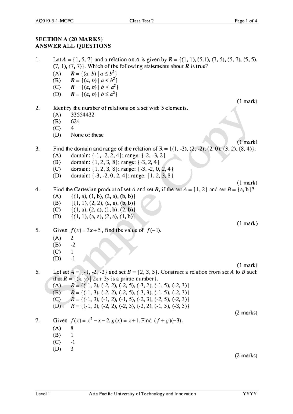 Class Test 2 - Level 1 - Asia Pacific University - Studocu