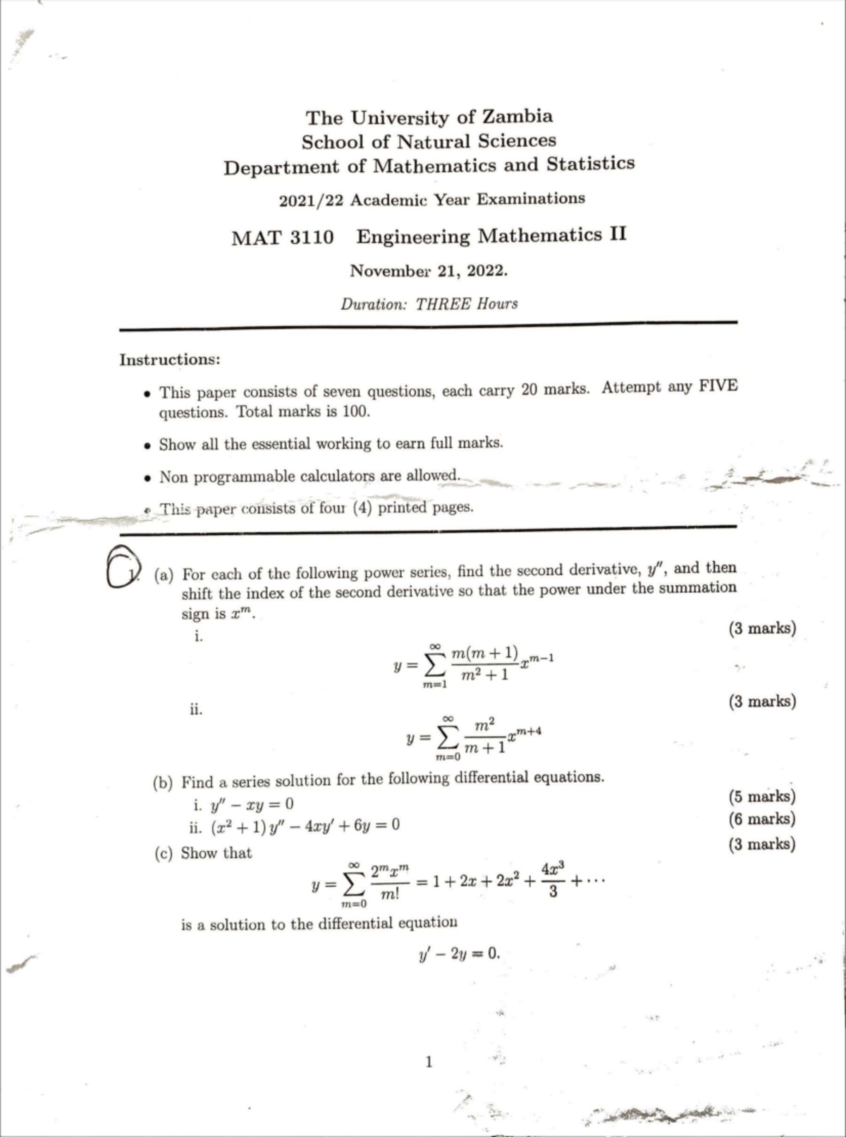 MAT 3110 Final Exam: Engineering Mathematics II - Nov 21, 2022 - Studocu