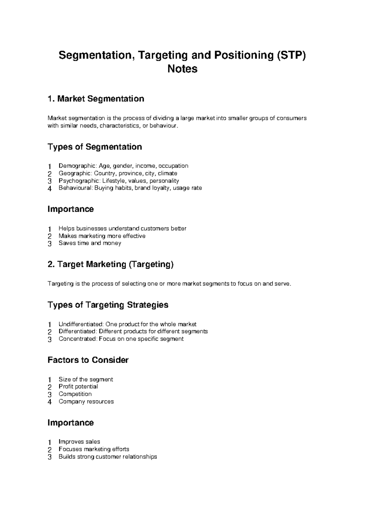 STP Notes: Segmentation, Targeting & Positioning Overview - Studocu