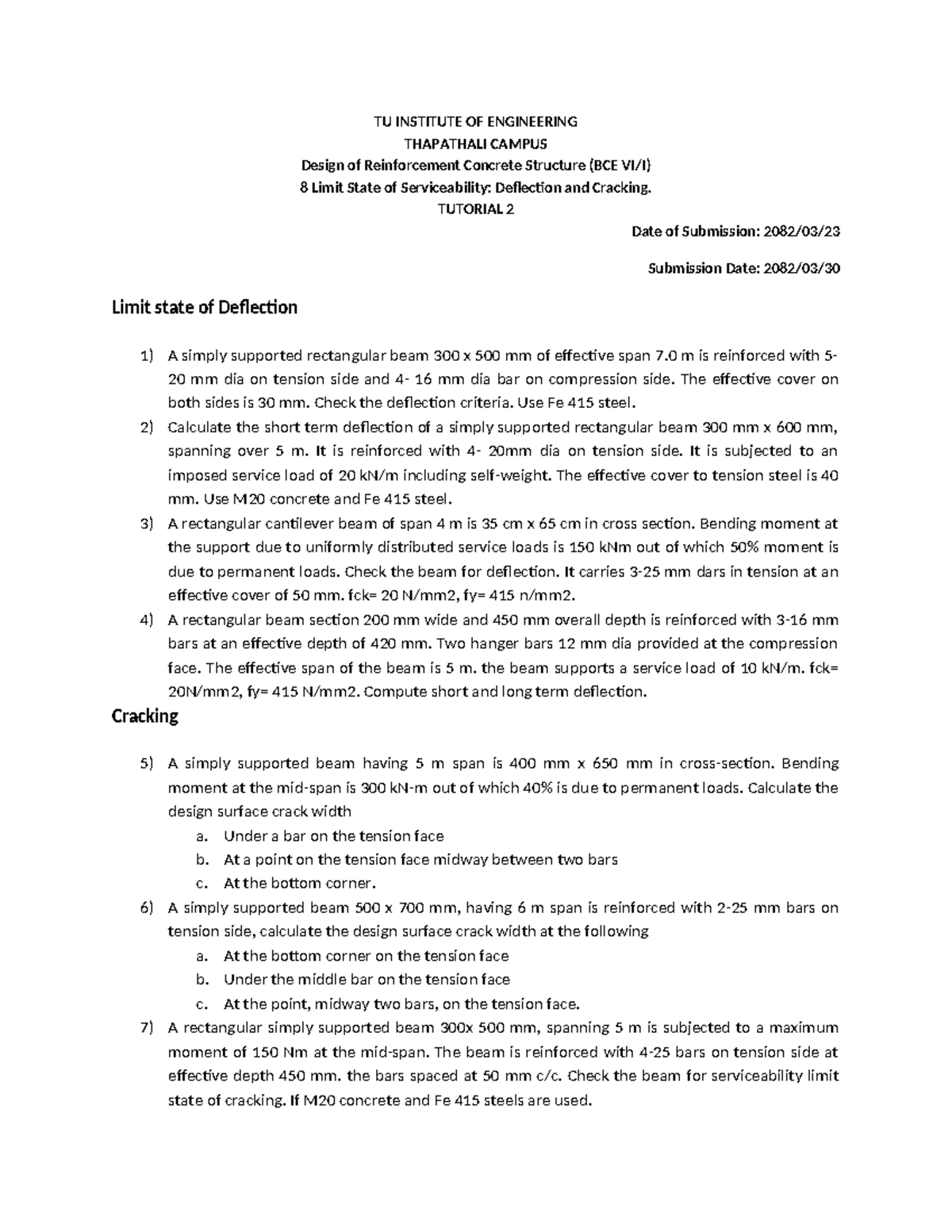 BCE 8 Tutorial 2: Limit State of Serviceability - Deflection & Cracking ...