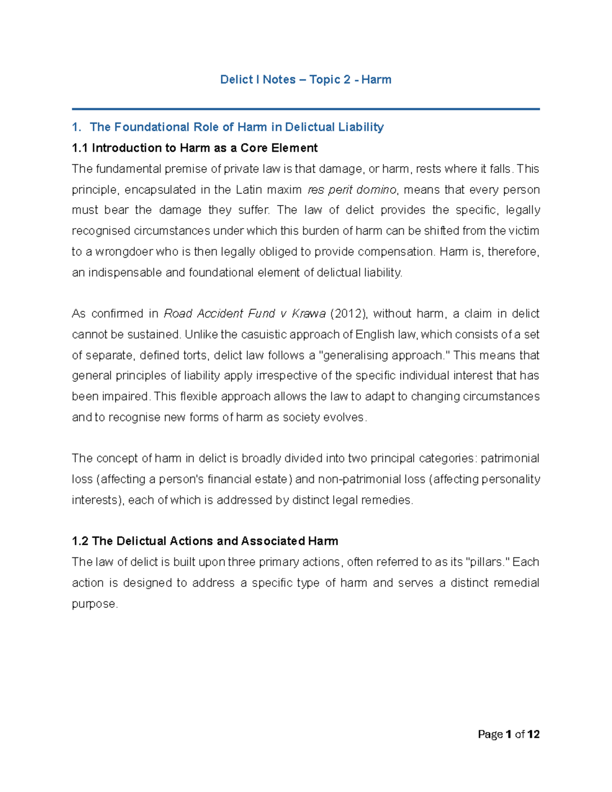 Delict I Notes: Understanding Harm in Delictual Liability - Studocu