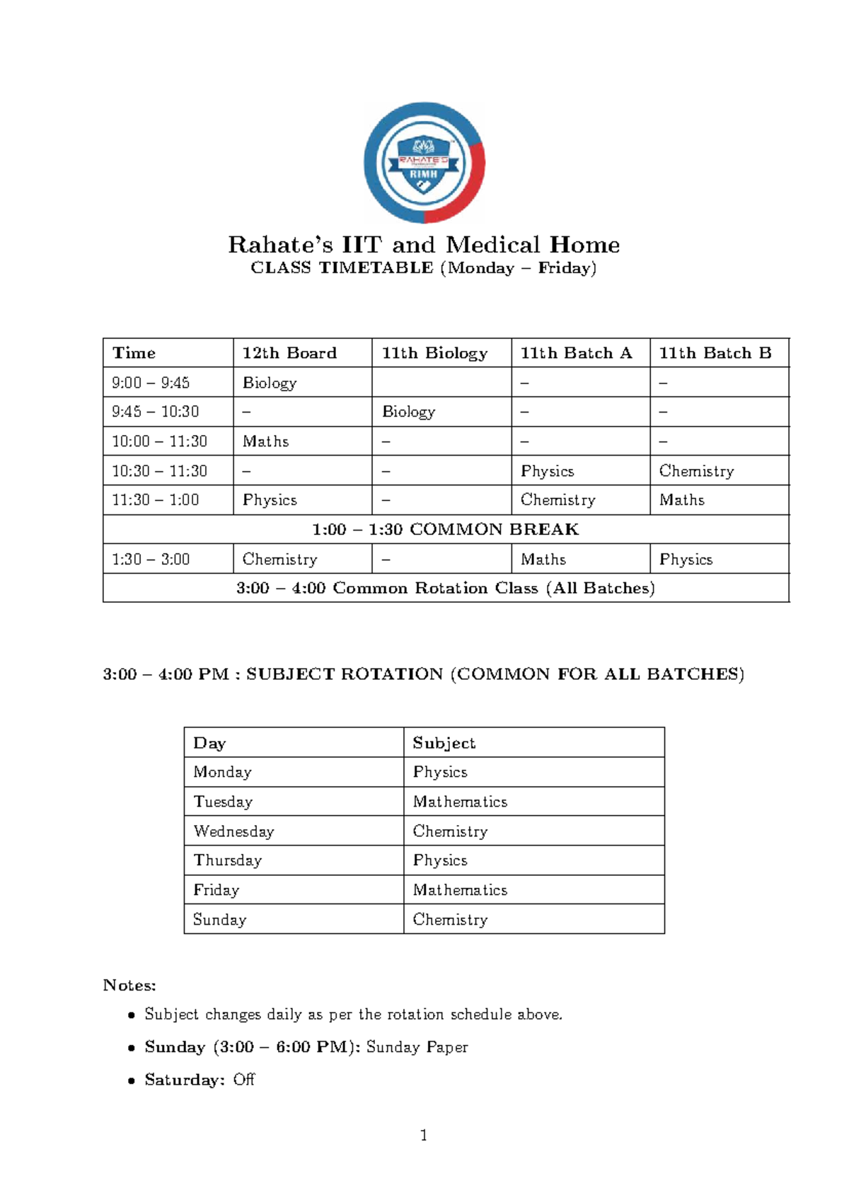 Time Table - Yummy - Rahate’s IIT and Medical Home CLASS TIMETABLE ...
