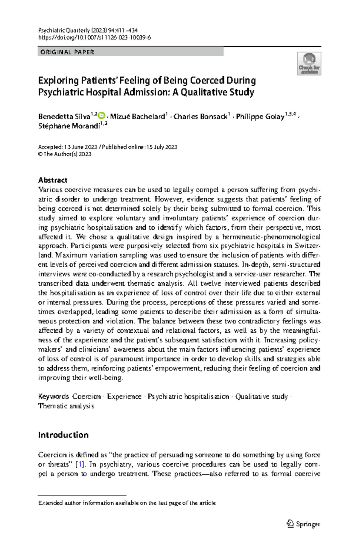 Exploring Patients' Feeling of Being Coerced During Psychiatric ...