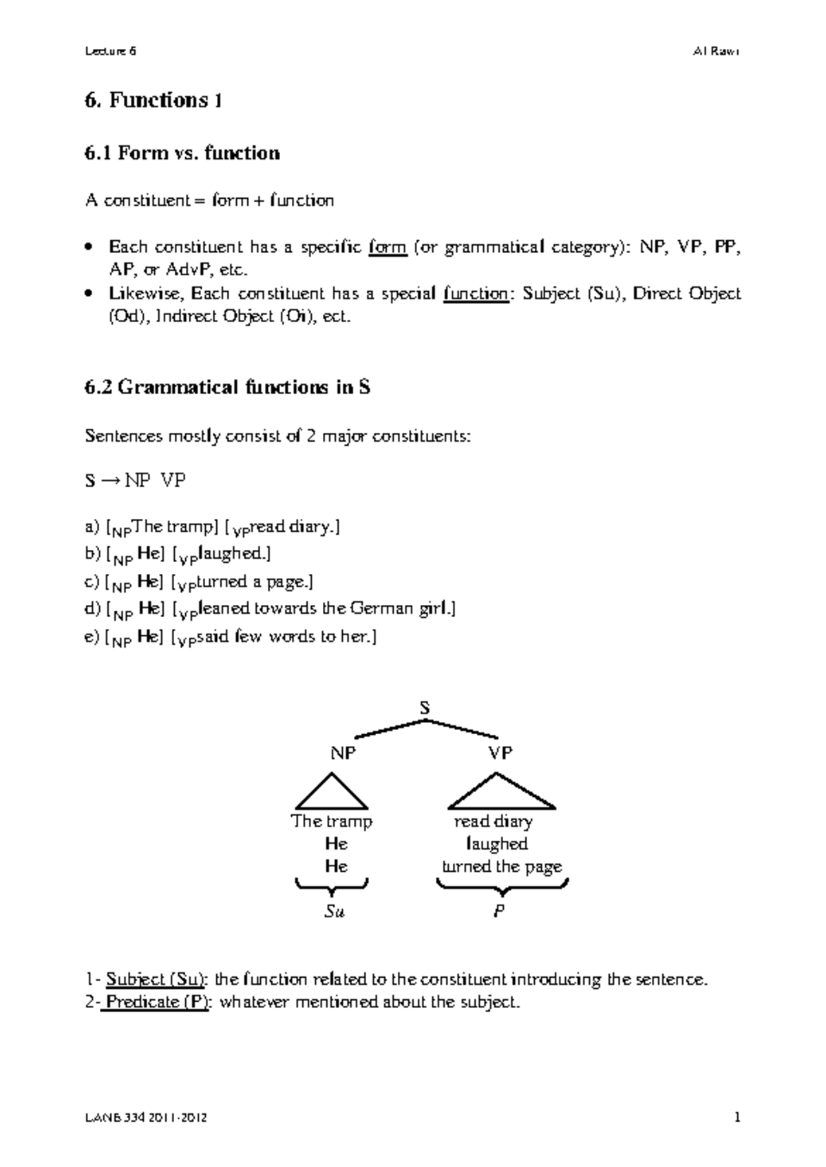 Syn Lecture-6 - 6. Functions 1 6 Form vs. function A constituent = form ...