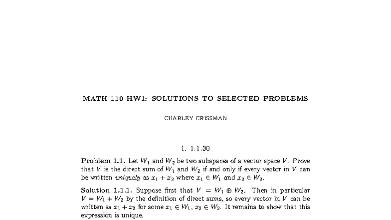 MATH 110 HW1: Selected Problems Solutions by Charley Crissman - Studocu
