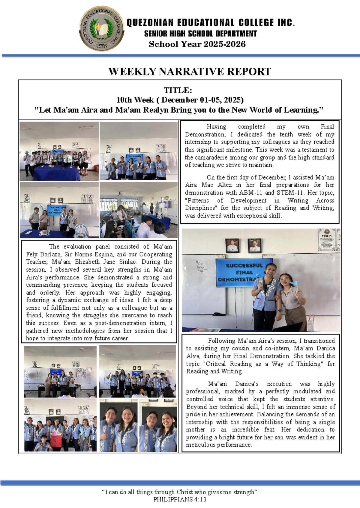 10th Week Narrative Report: Final Demonstrations & Insights - Studocu
