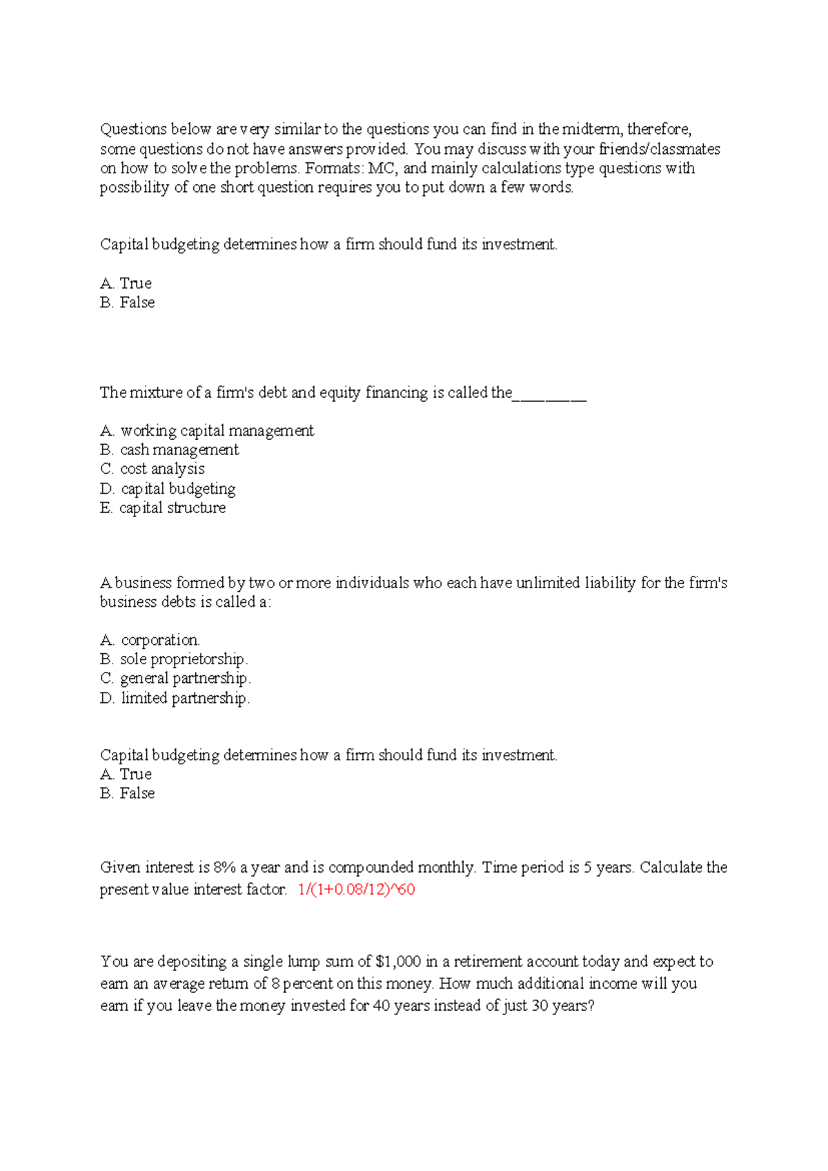 Sample Midterm Questions for Finance 101 - V2 - Studocu