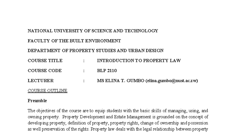 Introduction to Property Law Course Outline BLP 2110 - Studocu
