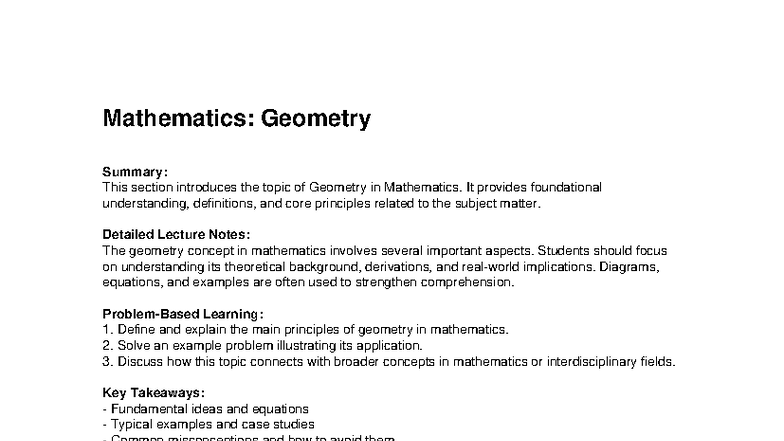 013 Mathematics Geometry Lecture Notes and Key Concepts - Studocu