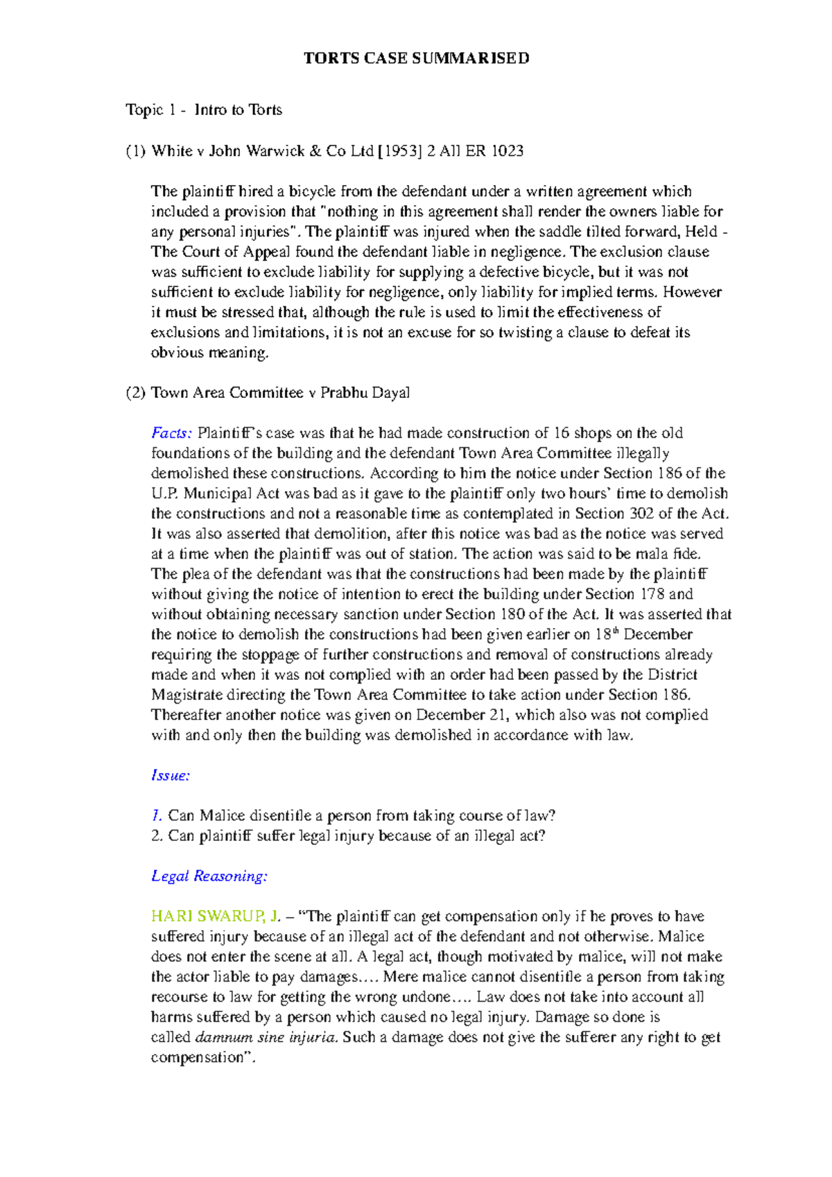 Tort Cases Analysis: Key Judgments and Legal Principles - Studocu