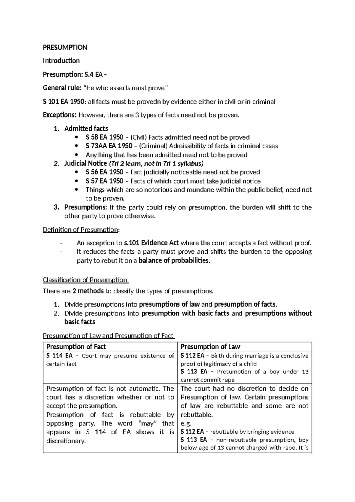 Evidence Law: Presumption Notes (S.4 EA 1950) - Studocu
