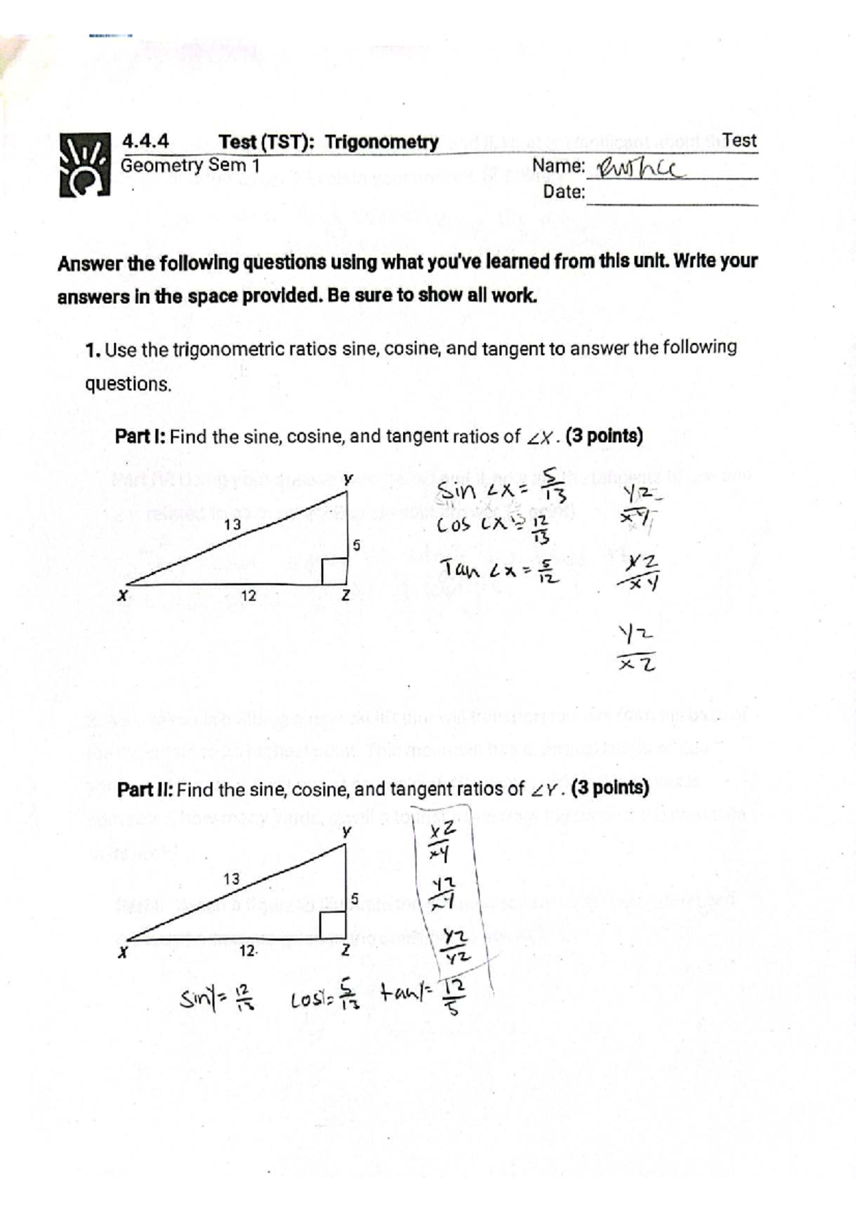 4.4.4 Test (TST): Trigonometry Exam Review for Geometry Sem 1 - Studocu