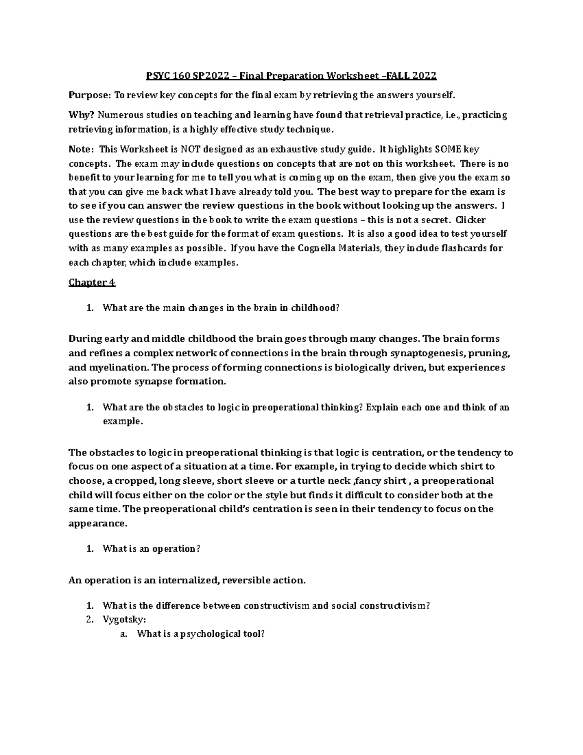 PSYC 160 SP2022 – Final Exam Prep Worksheet – Fall 2022 Guide - Studocu