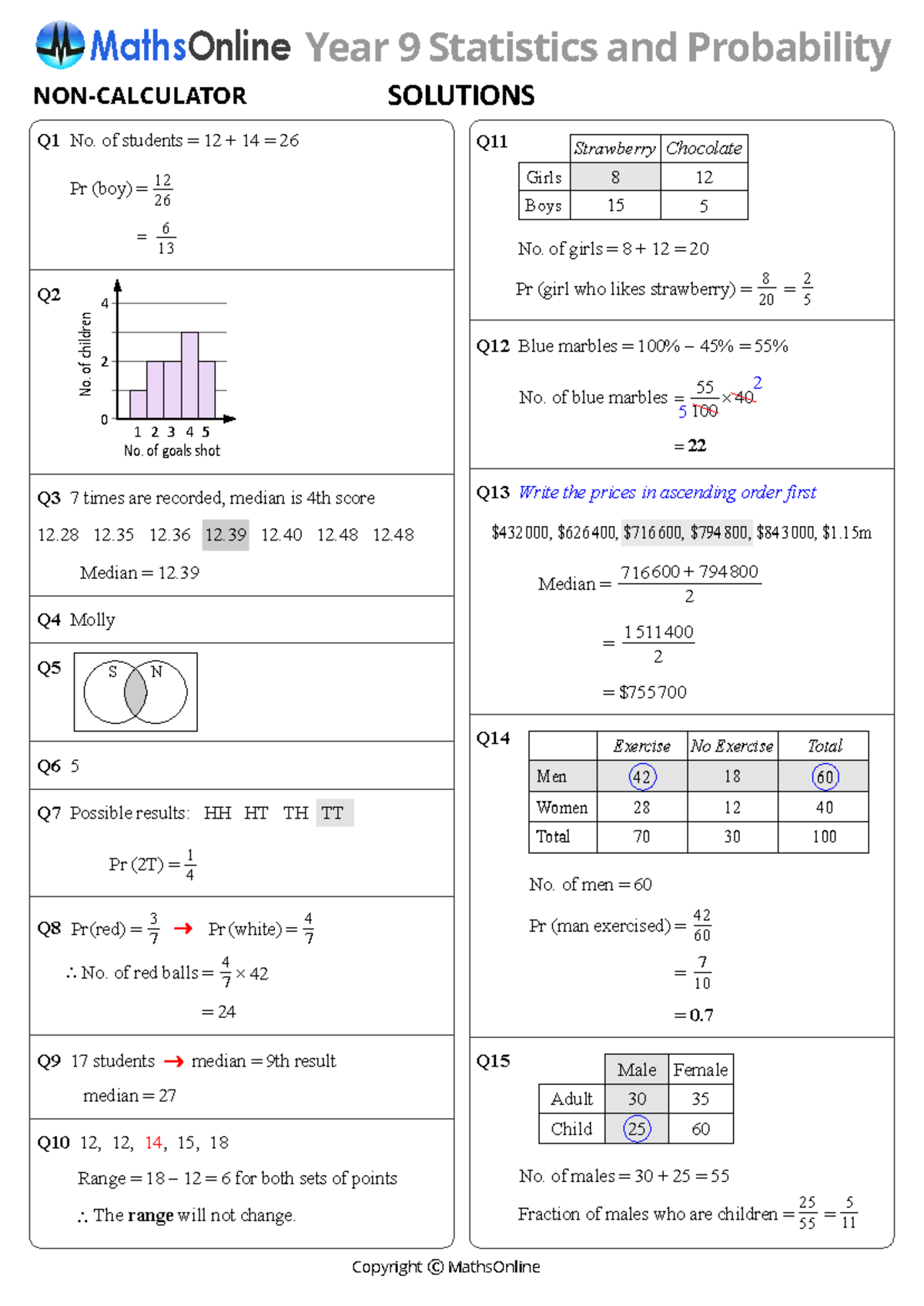 Year 9 MathsOnline Statistics & Probability Non-Calc Solutions - Studocu