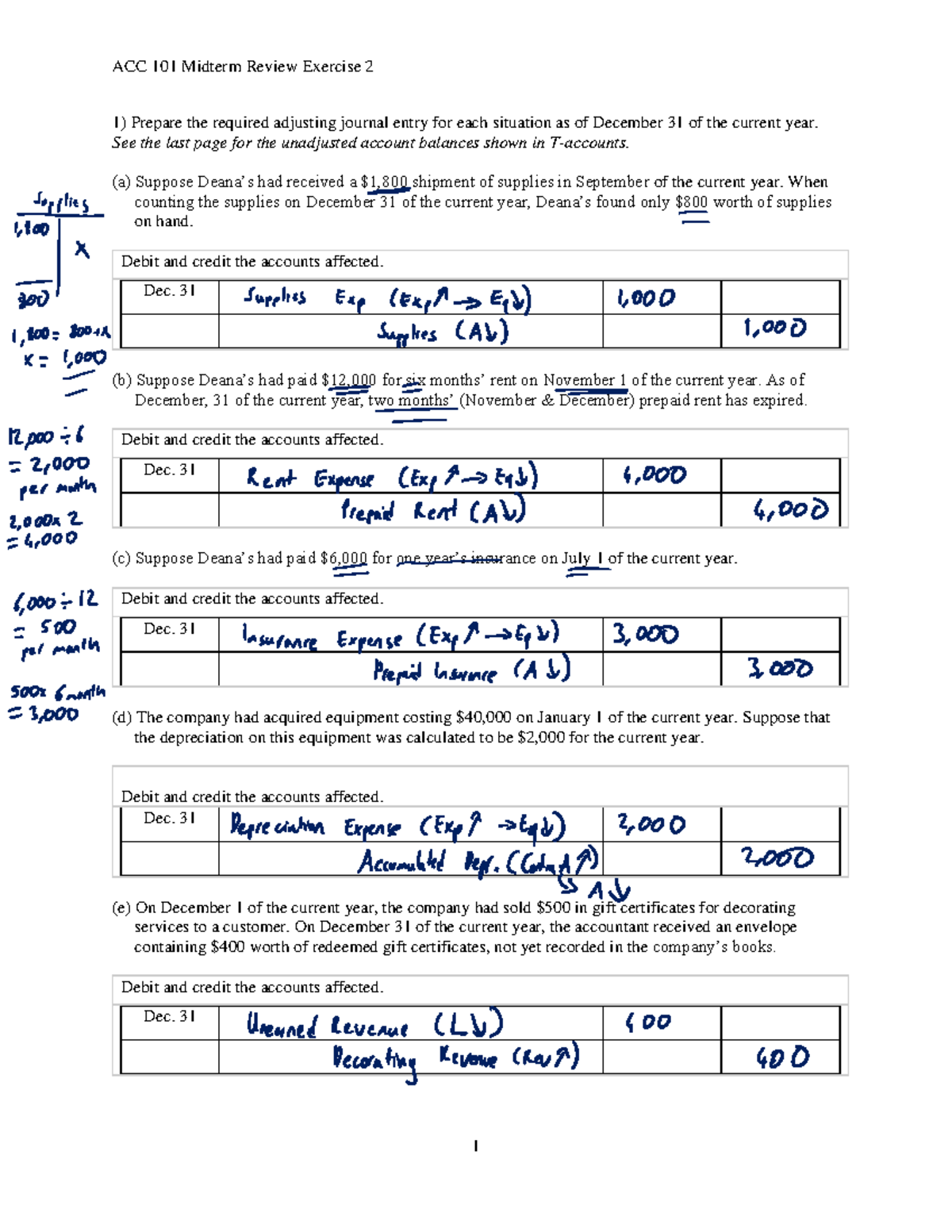 ACC 101 Midterm Review: Adjusting Entries and Financial Statements ...