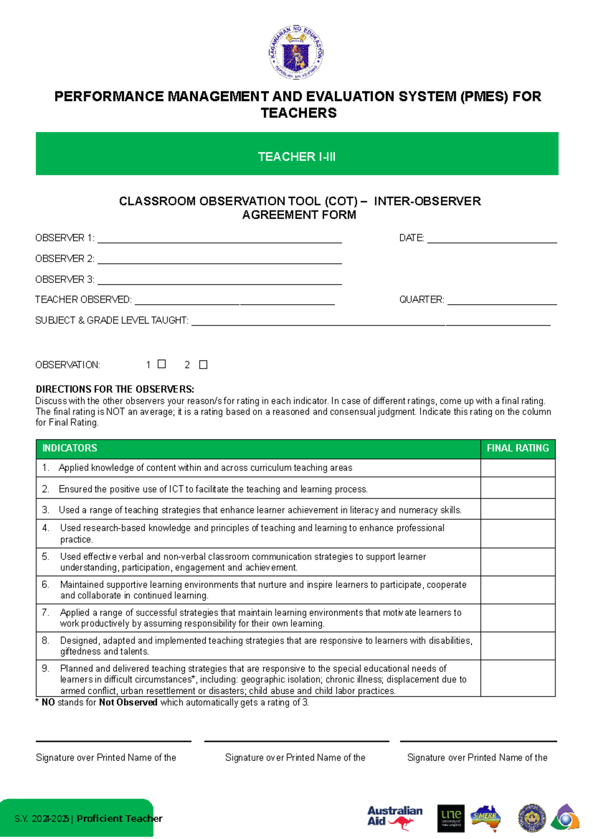 Annex C-5 COT Inter-Observer Agreement Form for Proficient Teacher SY ...