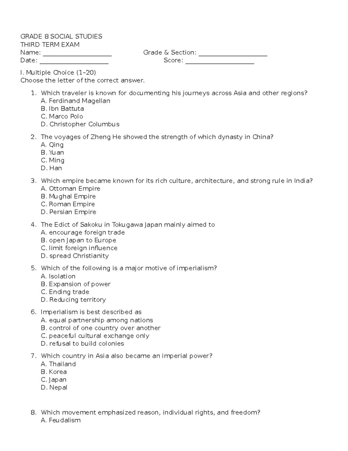 Grade 8 Social Studies Third Term Exam Review Guide - Studocu