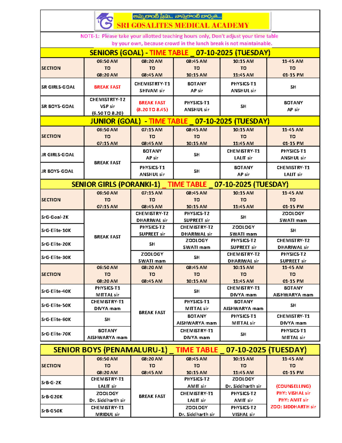 SENIORS & JUNIORS TIME TABLE - TUESDAY (7-10-2025) - Studocu