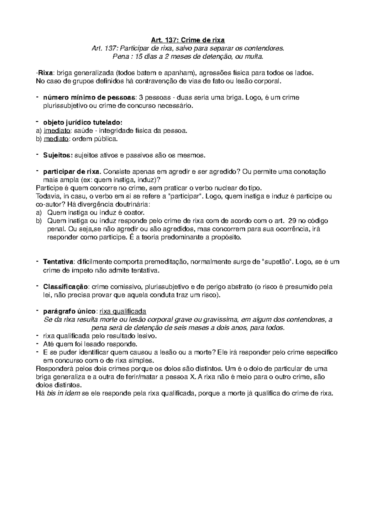 Rixa - Resumo de anotações de aula, doutrina e lei da matéria. - Art ...