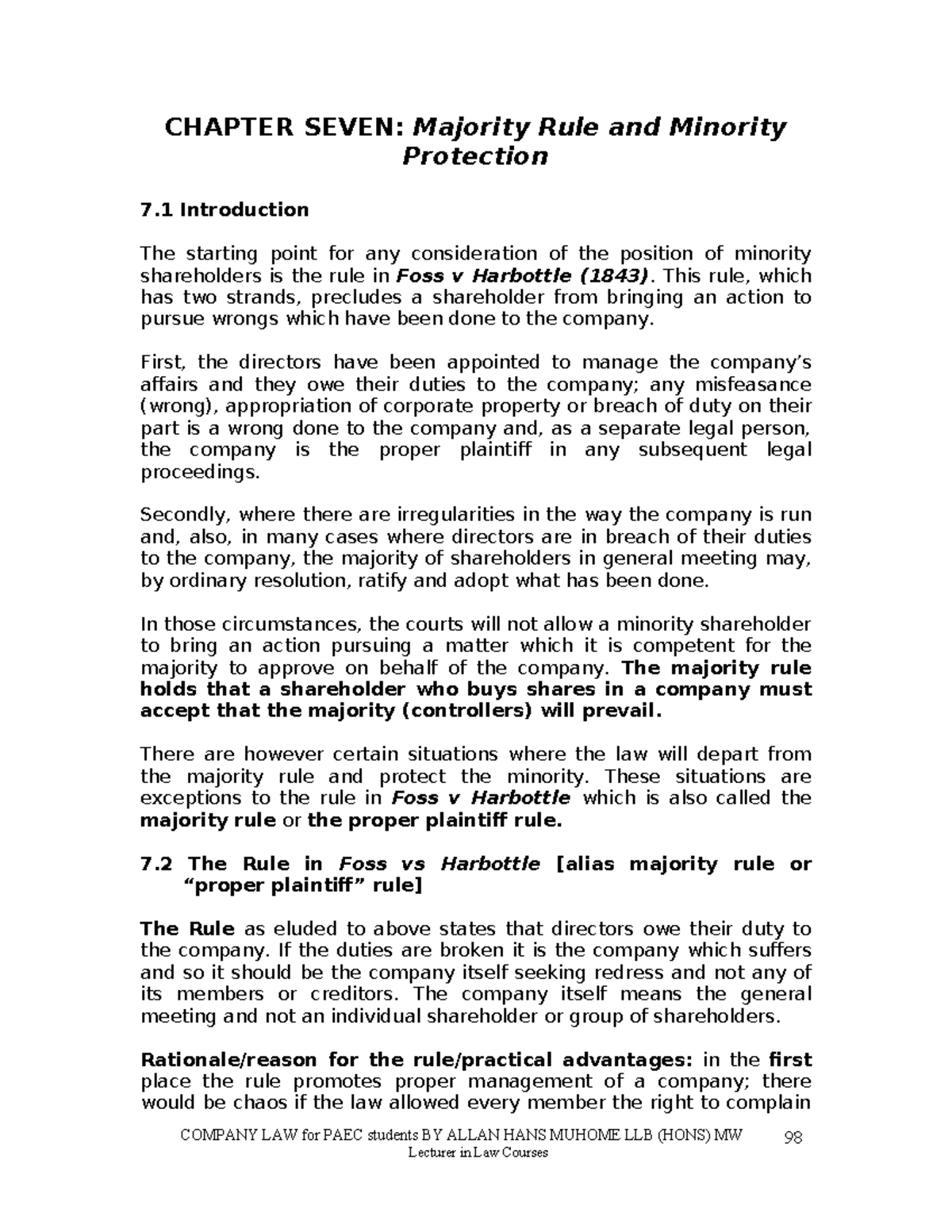 COMPANY LAW 7: Majority Rule & Minority Protection Notes - Studocu