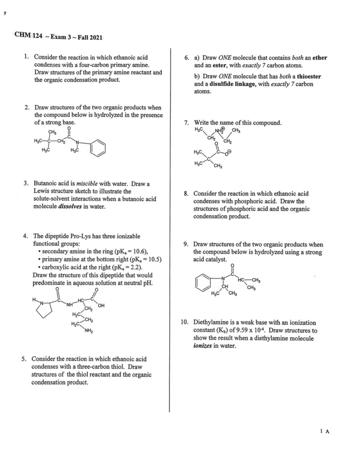 CHM 124 Exam 3 Fall 2021 - Comprehensive Work Solutions and Reactions ...