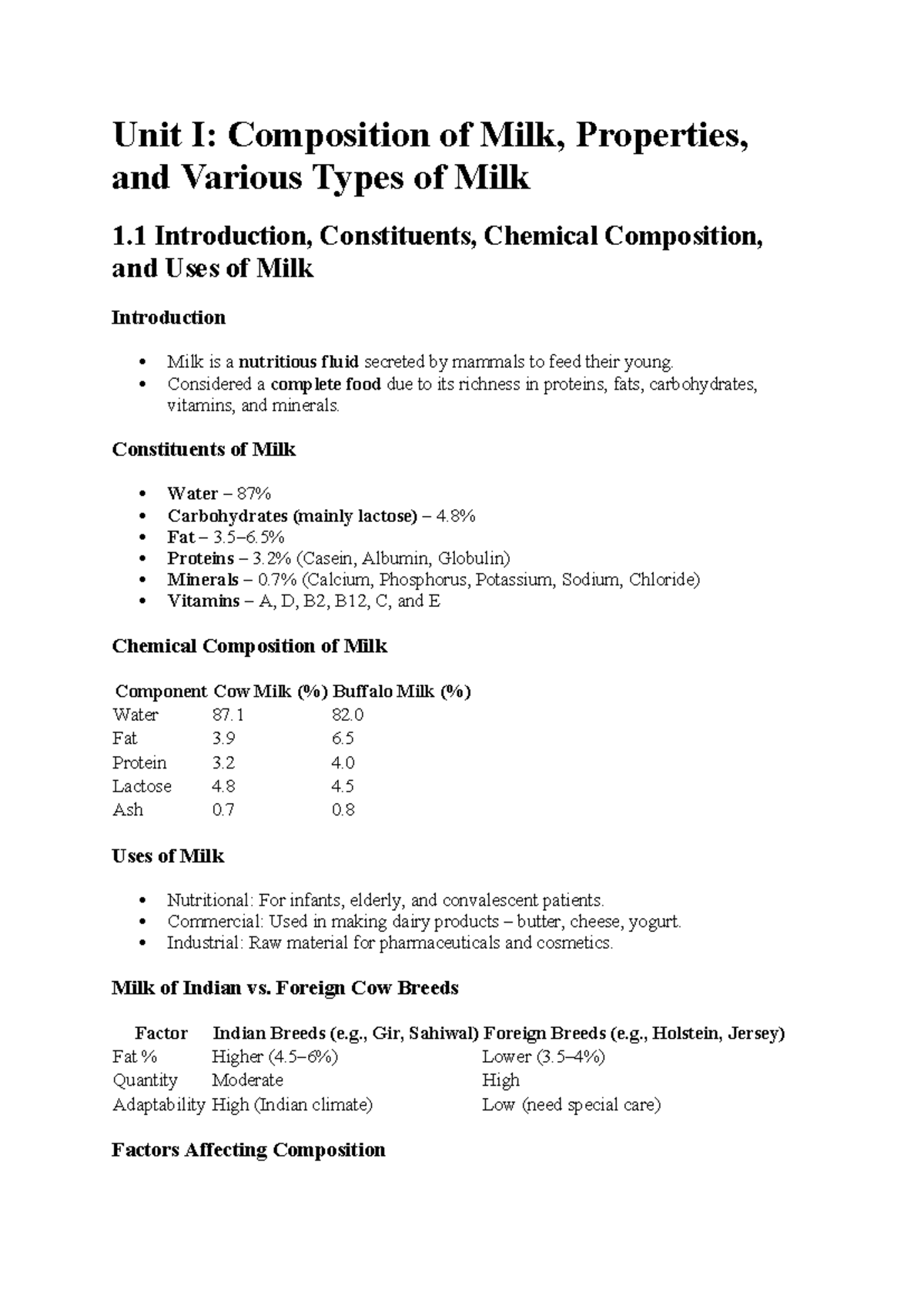 Dairy Chemistry Notes (Course Code: DC101) - Composition & Properties ...