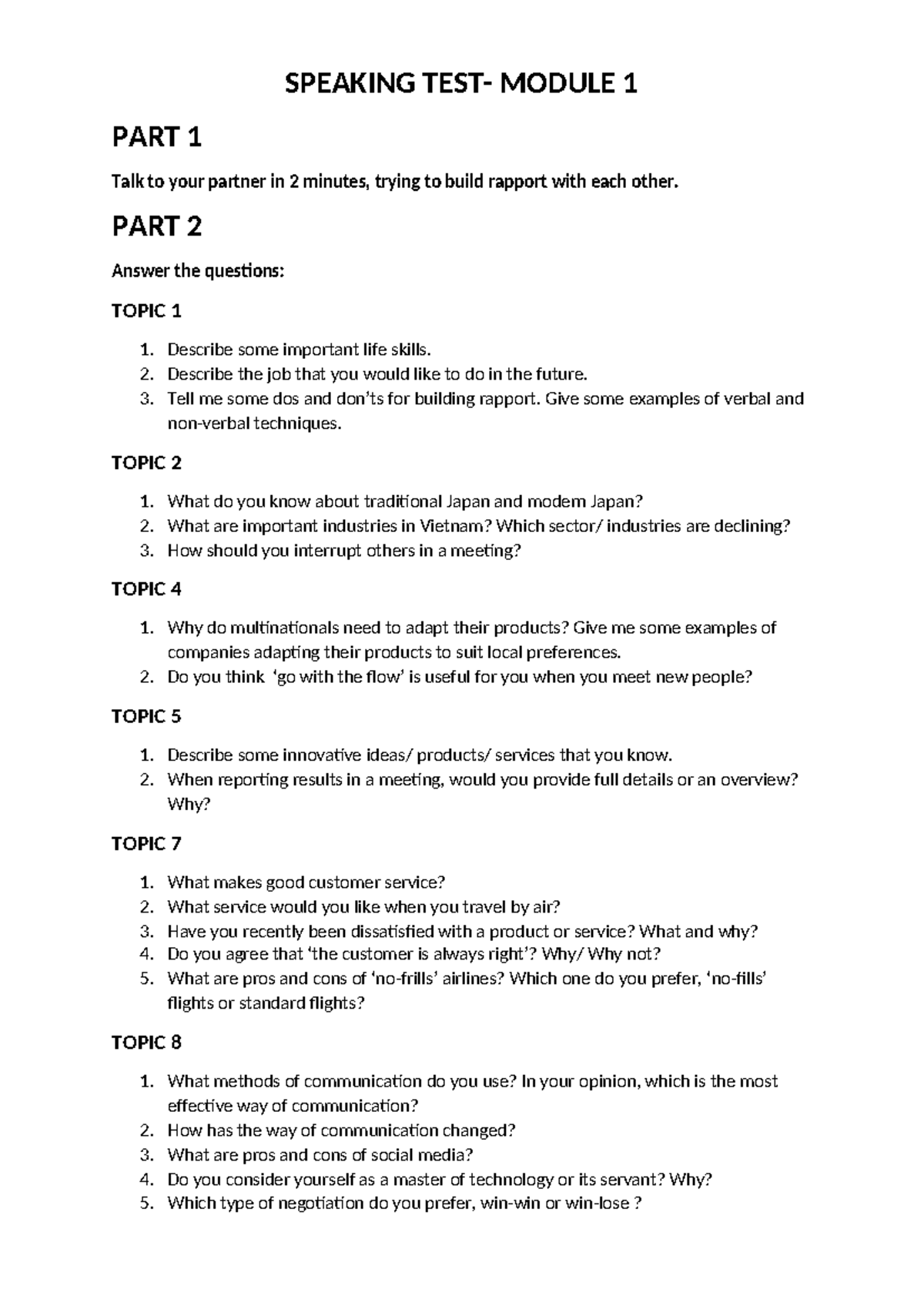 SPEAKING MODULE 1: Engaging Topics for Discussion - Studocu