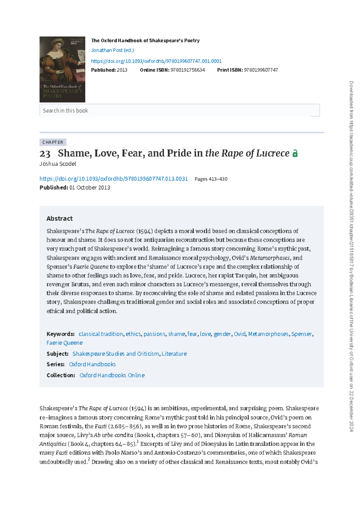 Shakespeare's Lucrece: Shame, Honor, and Gender in Poetry Analysis ...