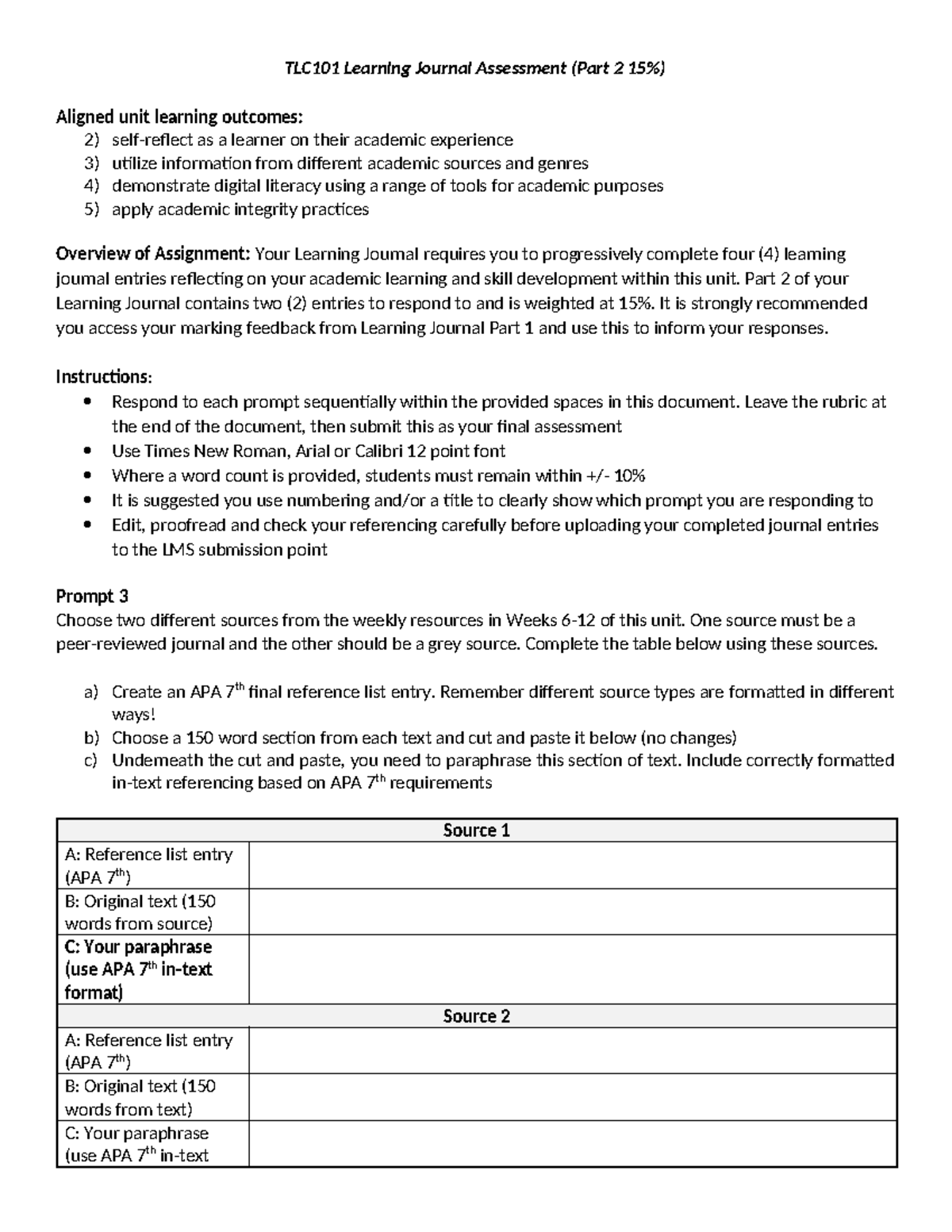 TLC101 Learning Journal Assessment Part 2: Reflective Entries & APA 7th ...