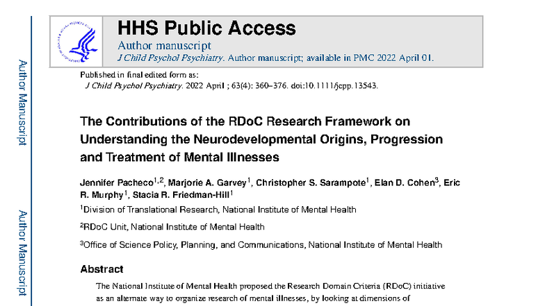 RDoC Framework: Understanding Neurodevelopmental Origins of ...