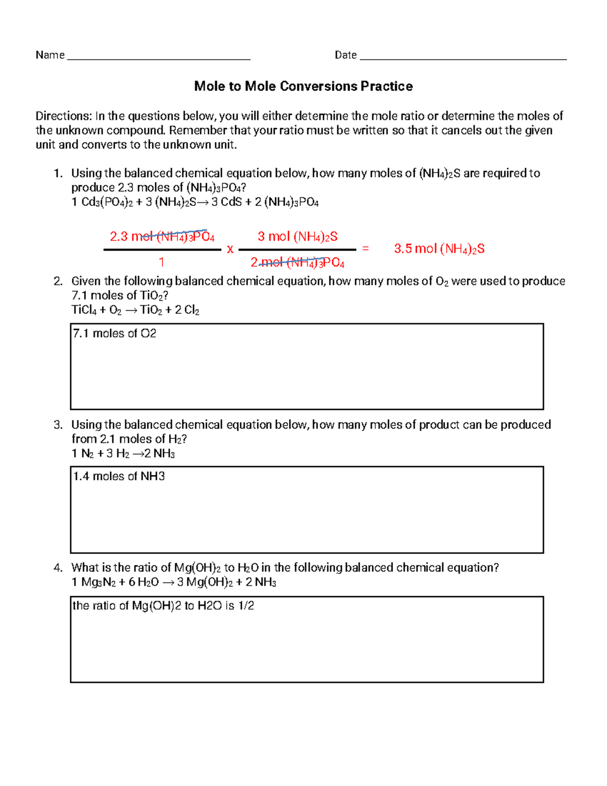 Mole to Mole Conversion Practice Questions (Chemistry) - Studocu