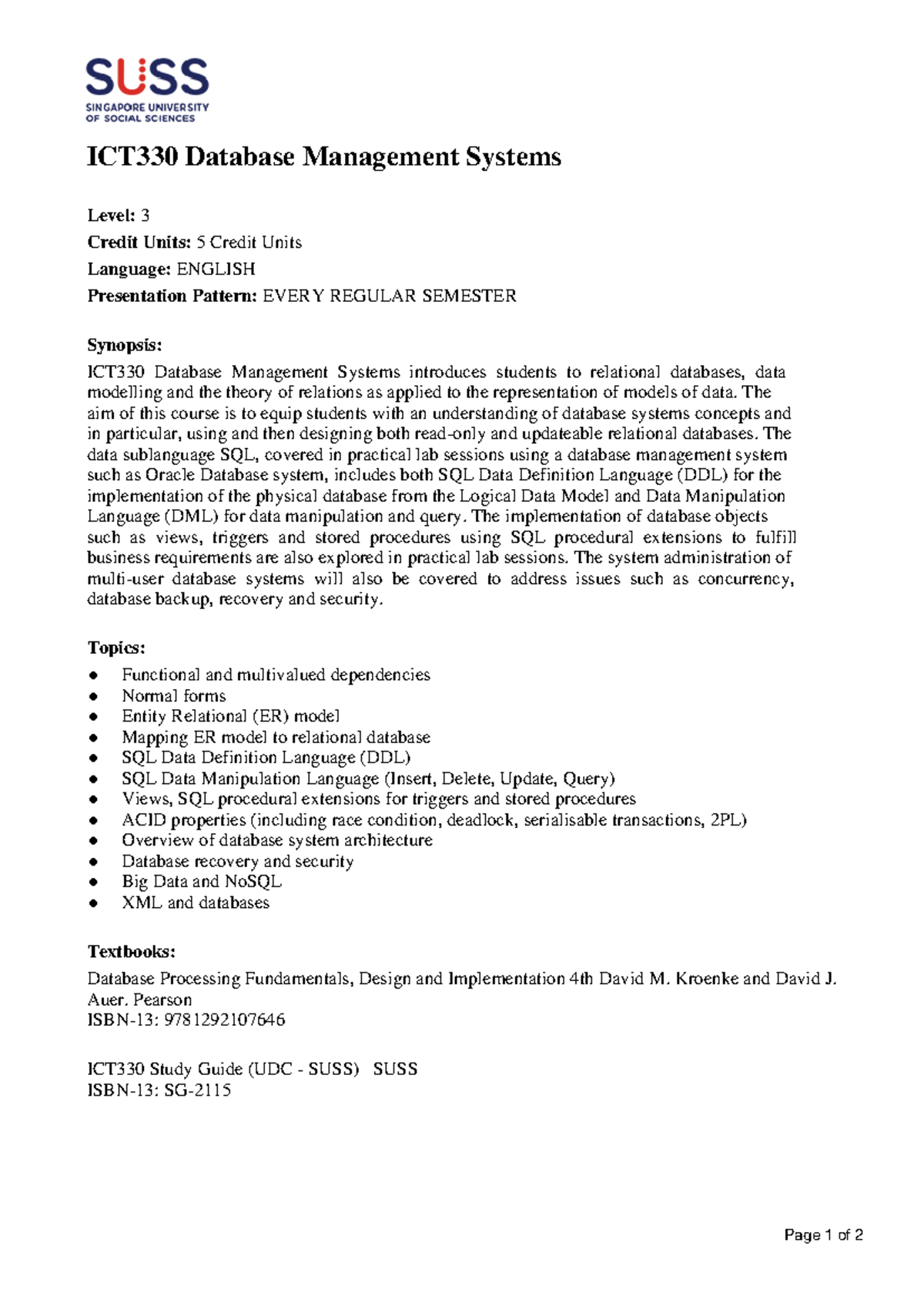 ICT330 - ICT 330 COURSE DESCRIPTION - ICT330 Database Management ...