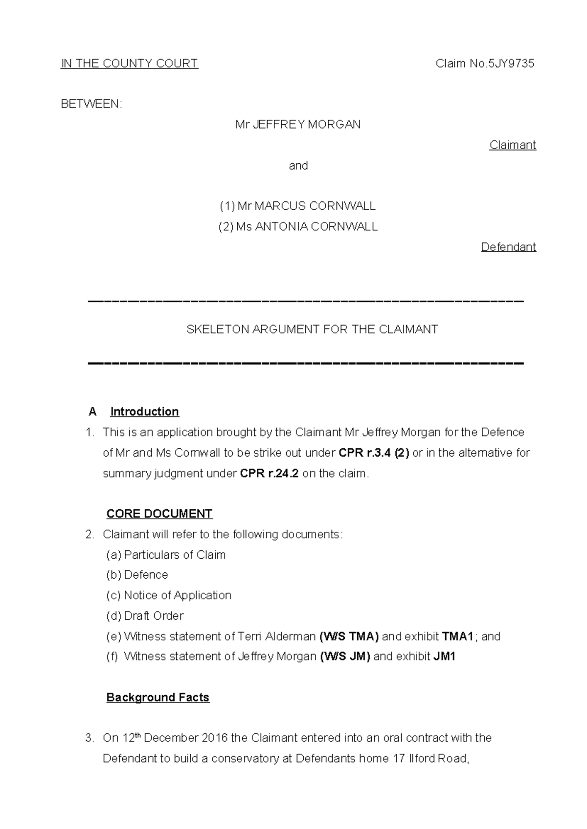 Jeffrey Morgan Skeleton Argument - IN THE COUNTY COURT Claim No BETWEEN ...