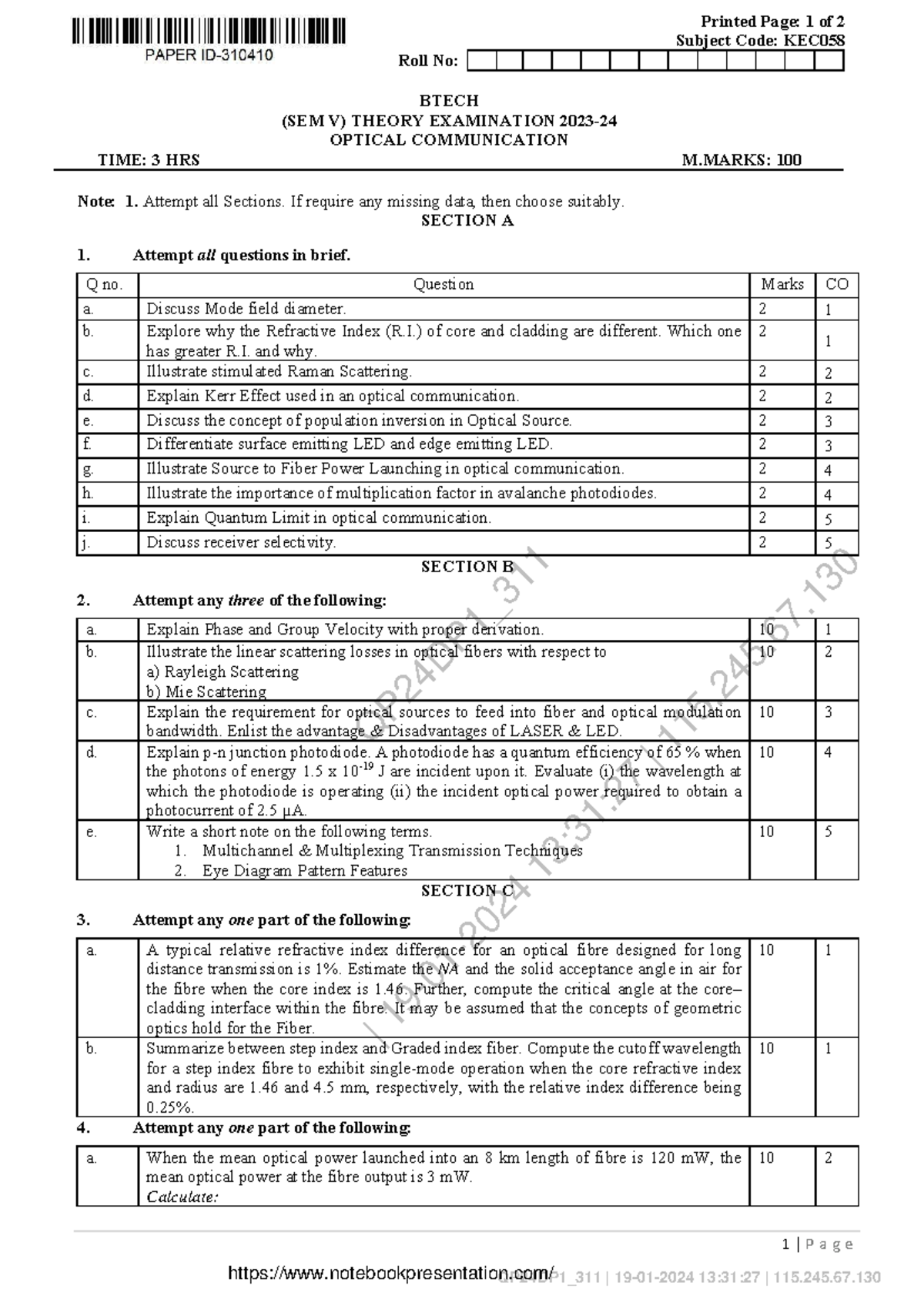 KEC058 - BTech V Sem Optical Communication Theory Exam Questions - Studocu