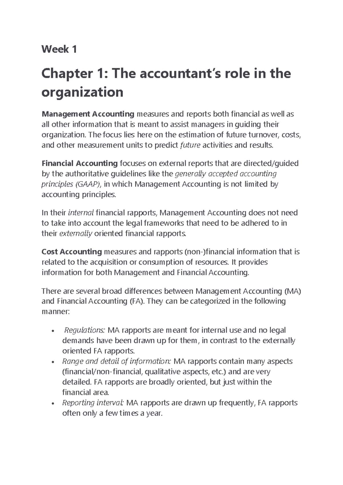 Week 1 MA: Summary of Management Accounting Concepts and Practices ...