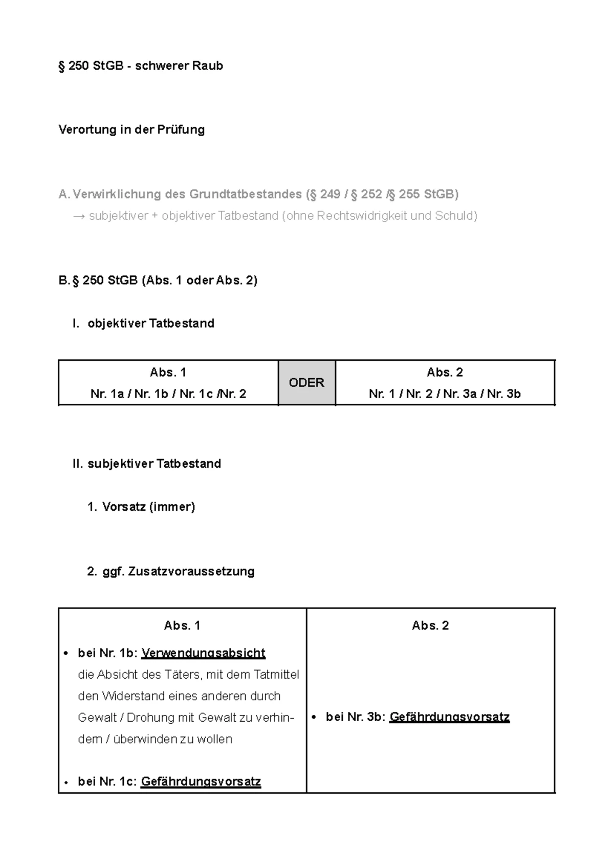 Schwerer Raub (§ 250) - Prüfungsschema und ausführliches Skript - § 250 ...