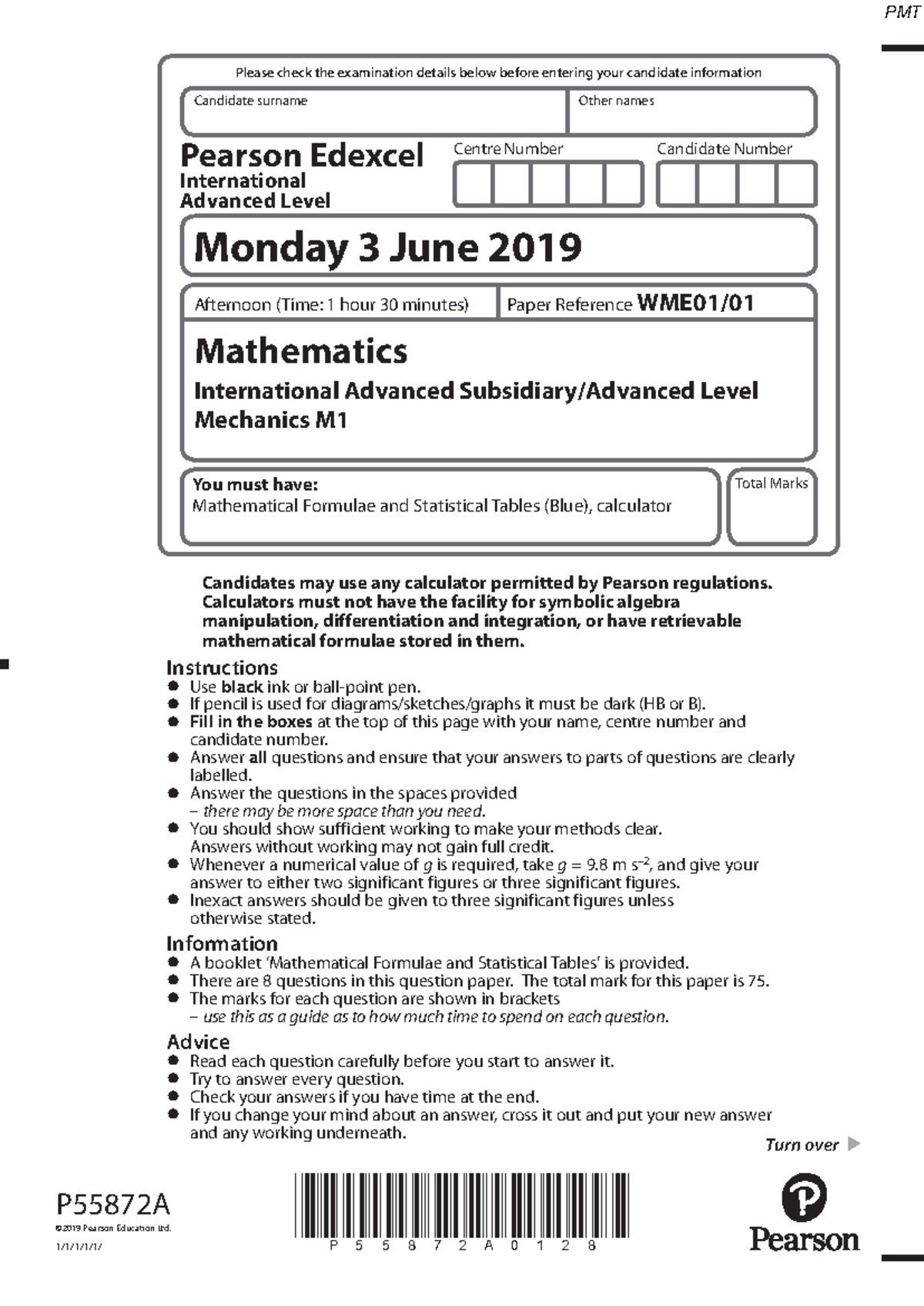 June 2019 Edexcel IAL Mathematics M1 QP - International A Level Exam ...