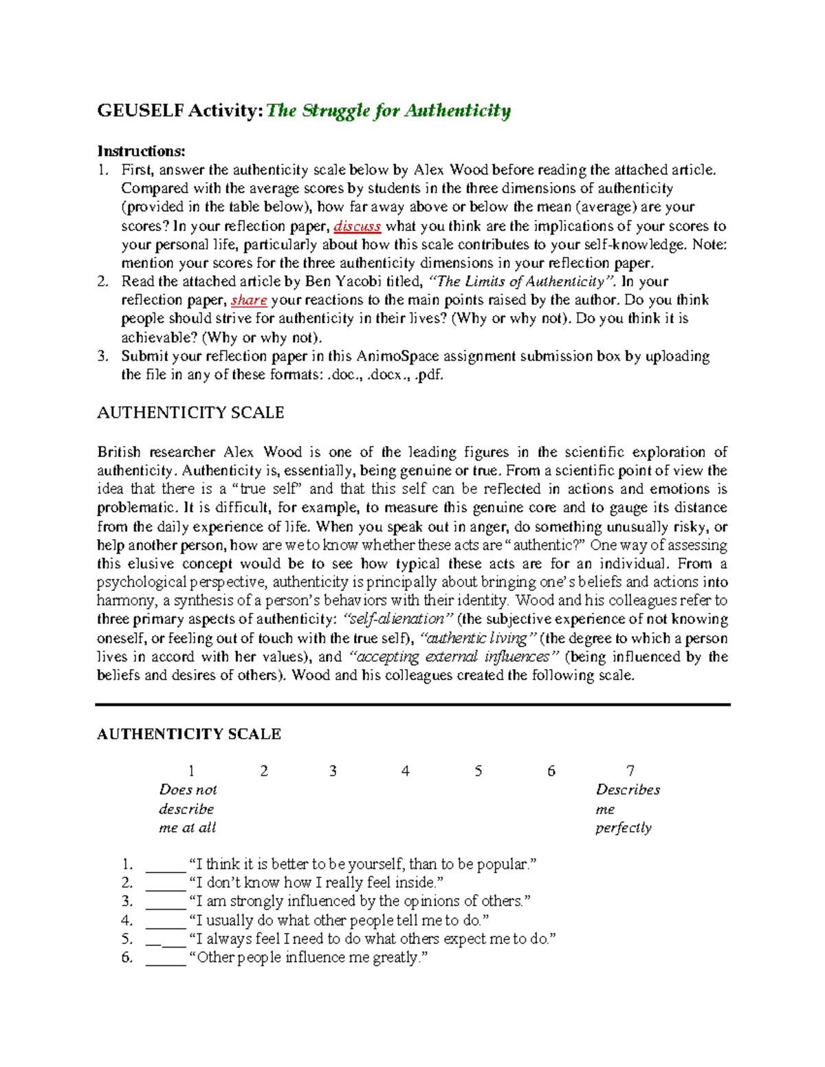 G Euself Reading and Reflection The Struggle for Authenticity 1 ...