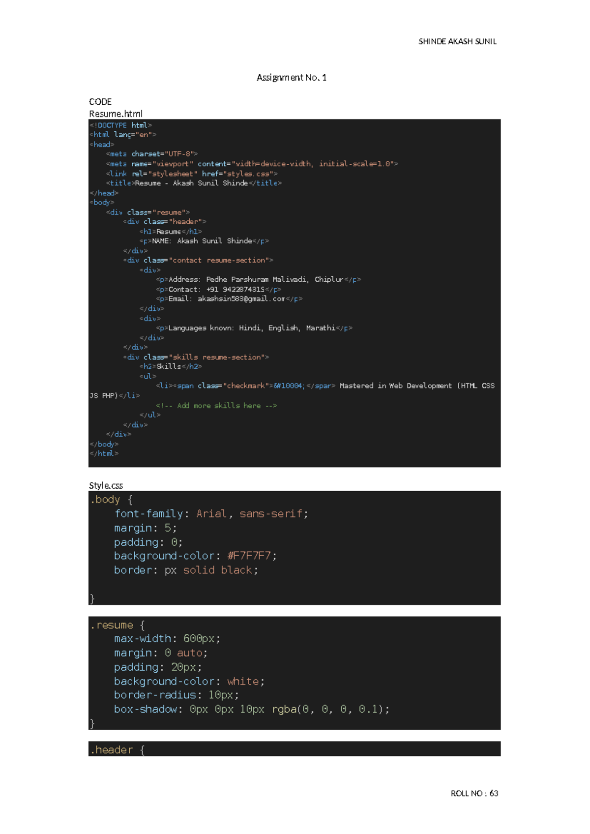 Resume ip assignment no. 1 - Assignment No. 1 CODE Resume