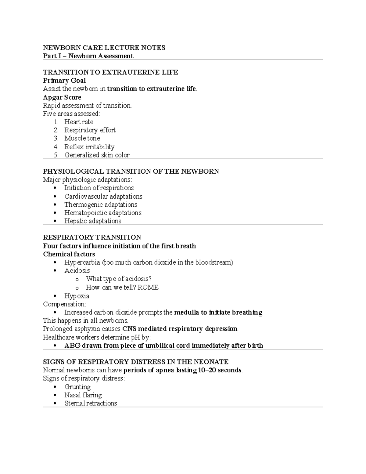 NEWBORN CARE LECTURE NOTES (Exam 4) - Assessment & Transition - Studocu