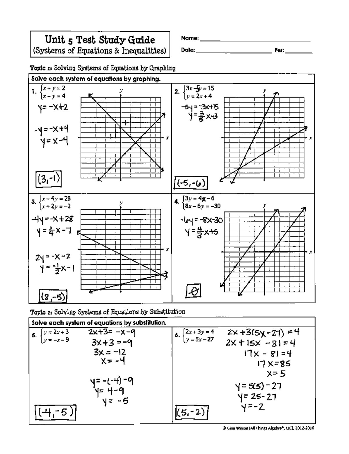 Unit 5 Study Guide KEY: Systems of Equations & Inequalities - Studocu