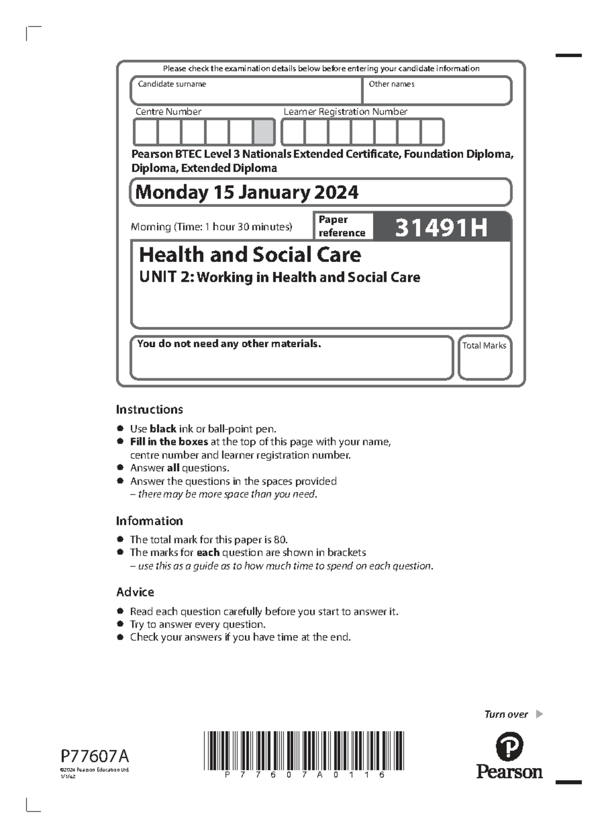 Health and Social Care Unit 2: January 15th 2024 Past Exam Paper - Studocu