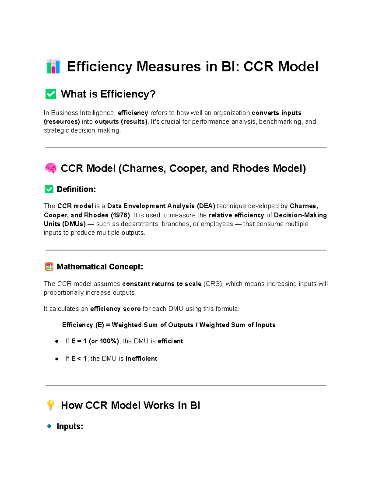 Unit 3: Business Intelligence - Efficiency Measures & CCR Model - Studocu