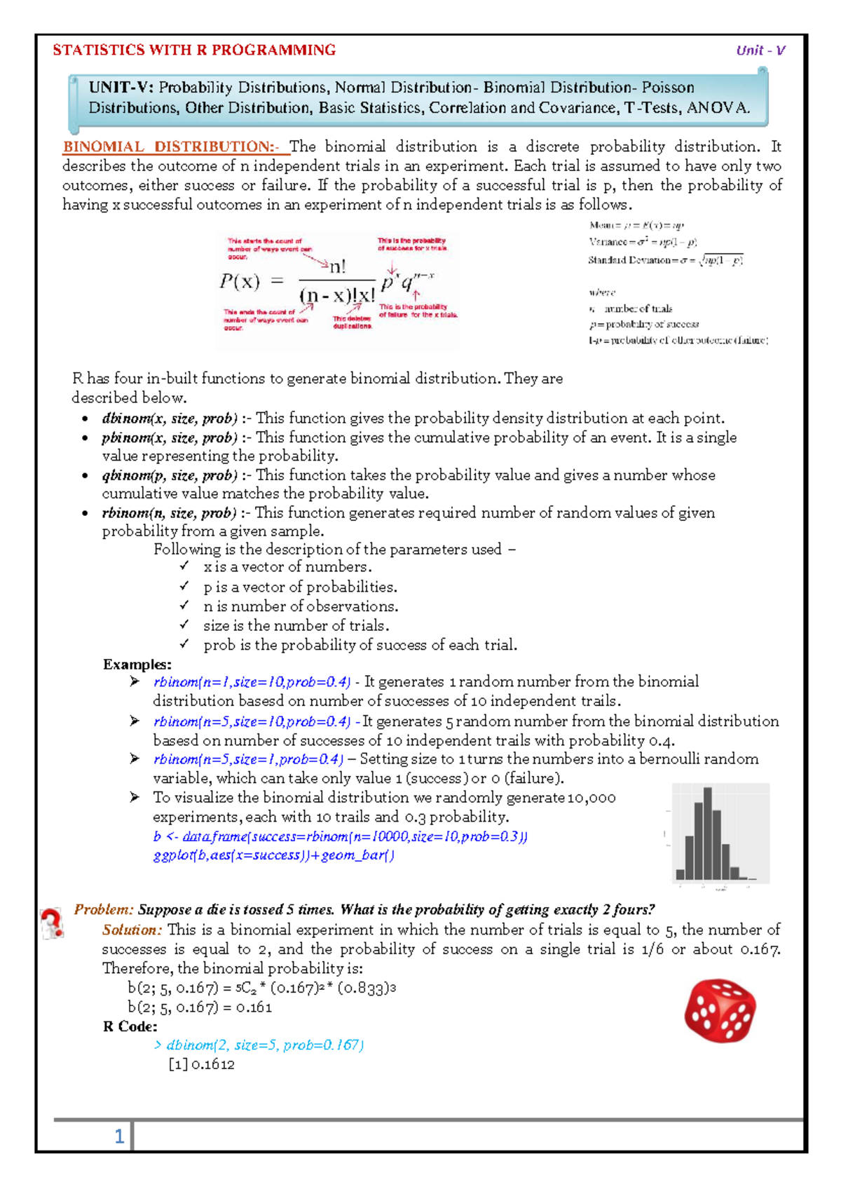 Statistics with R programming: Unit V probability distributions and ...