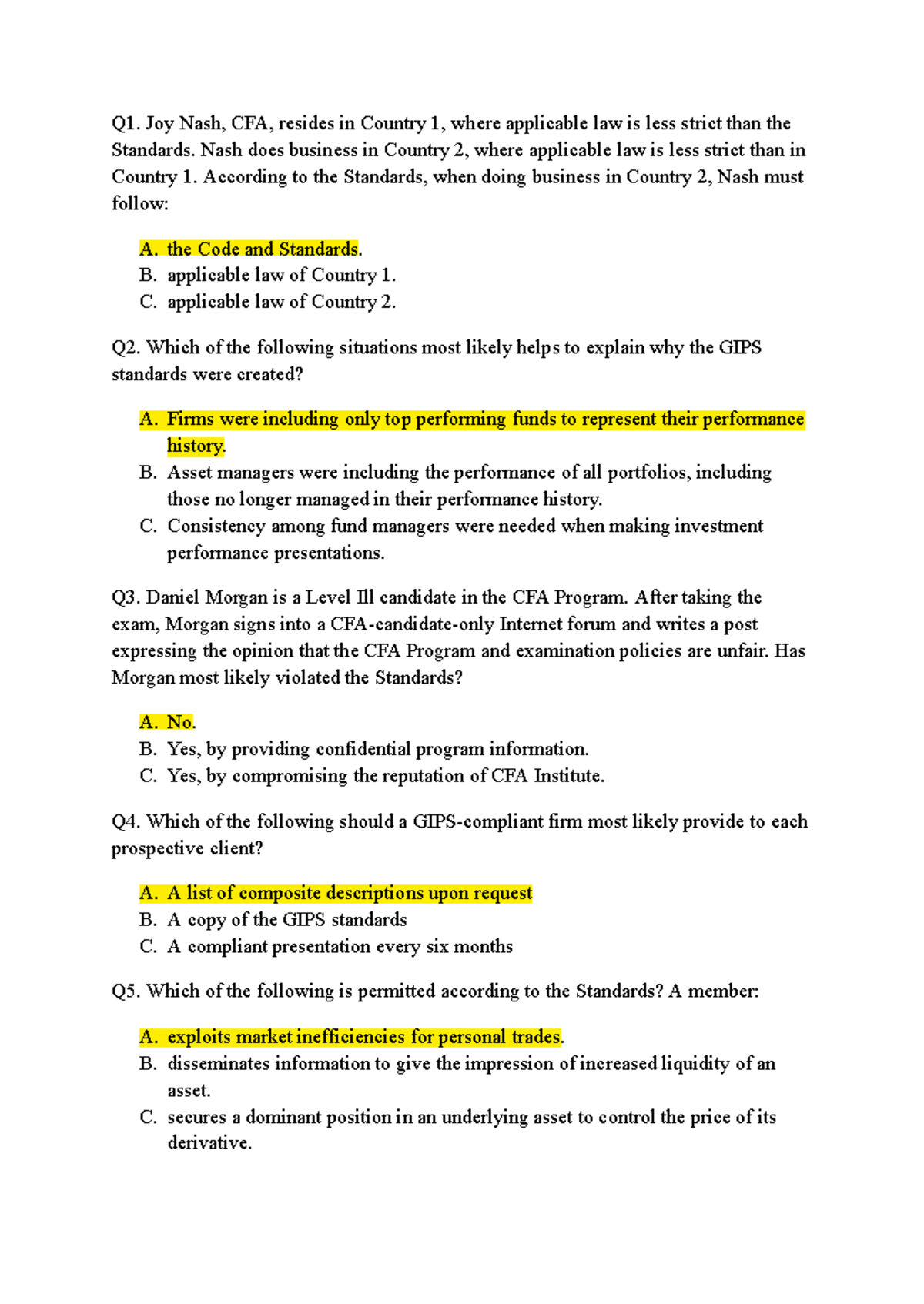 MOCK 1 SS1 - CFA Standards Practice Questions and Answers - Studocu